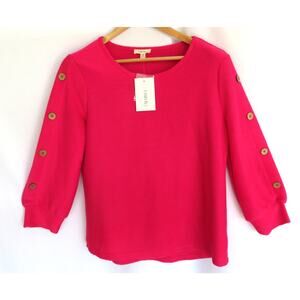 Nwt COMO BLU Fuchsia Lightweight Knit Top w/ Button Detail 3/4 Sleeves Sz L